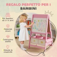 Lavagna per Bambini 3 in 1 con Cavalletto, Rotolo di Carta e 2 Cestelli, in Legno, 54x46x94 cm, Rosa