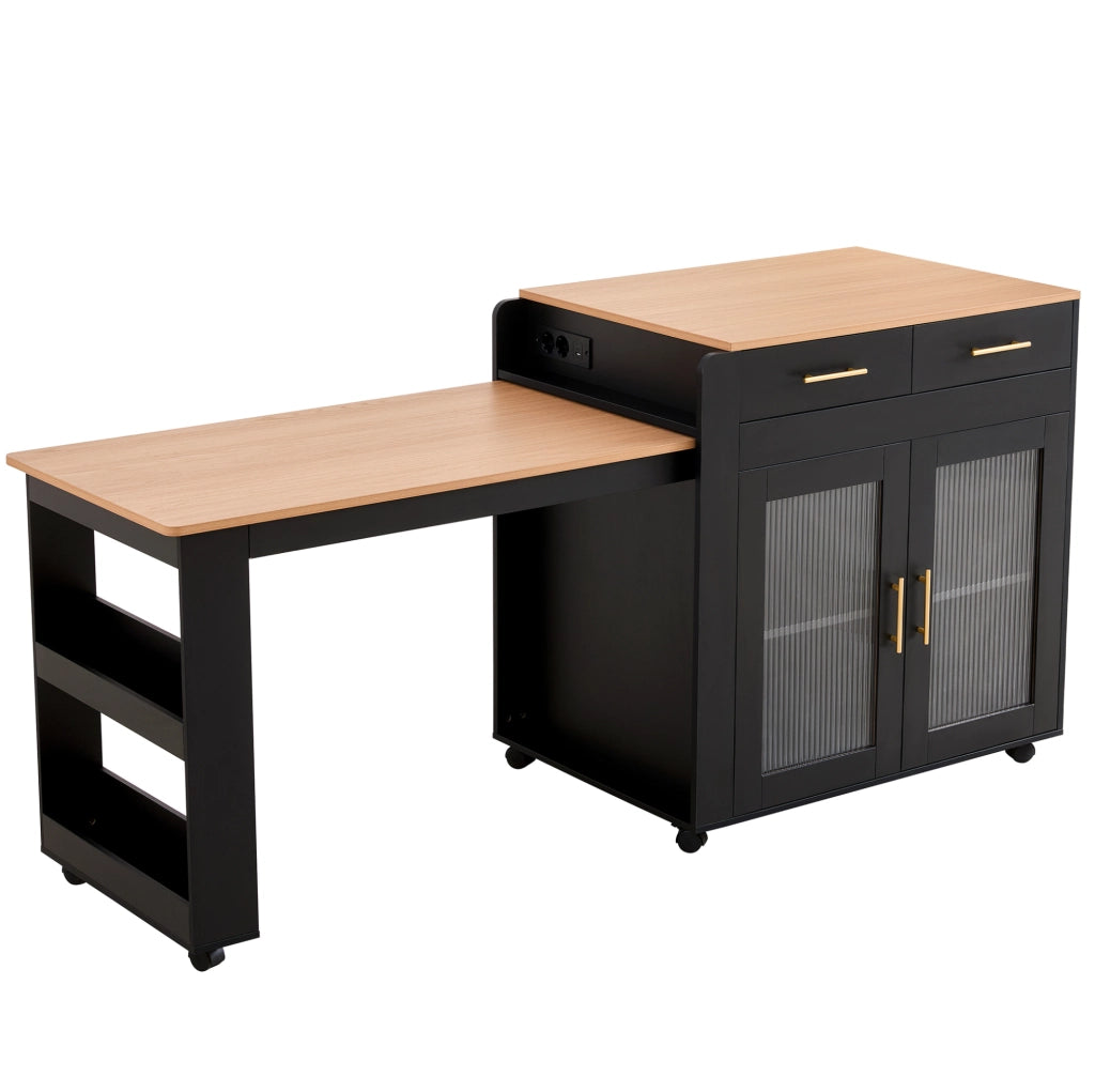 Isola da cucina con piano estraibile 116/177 cm; prese EU e porte USB; nero