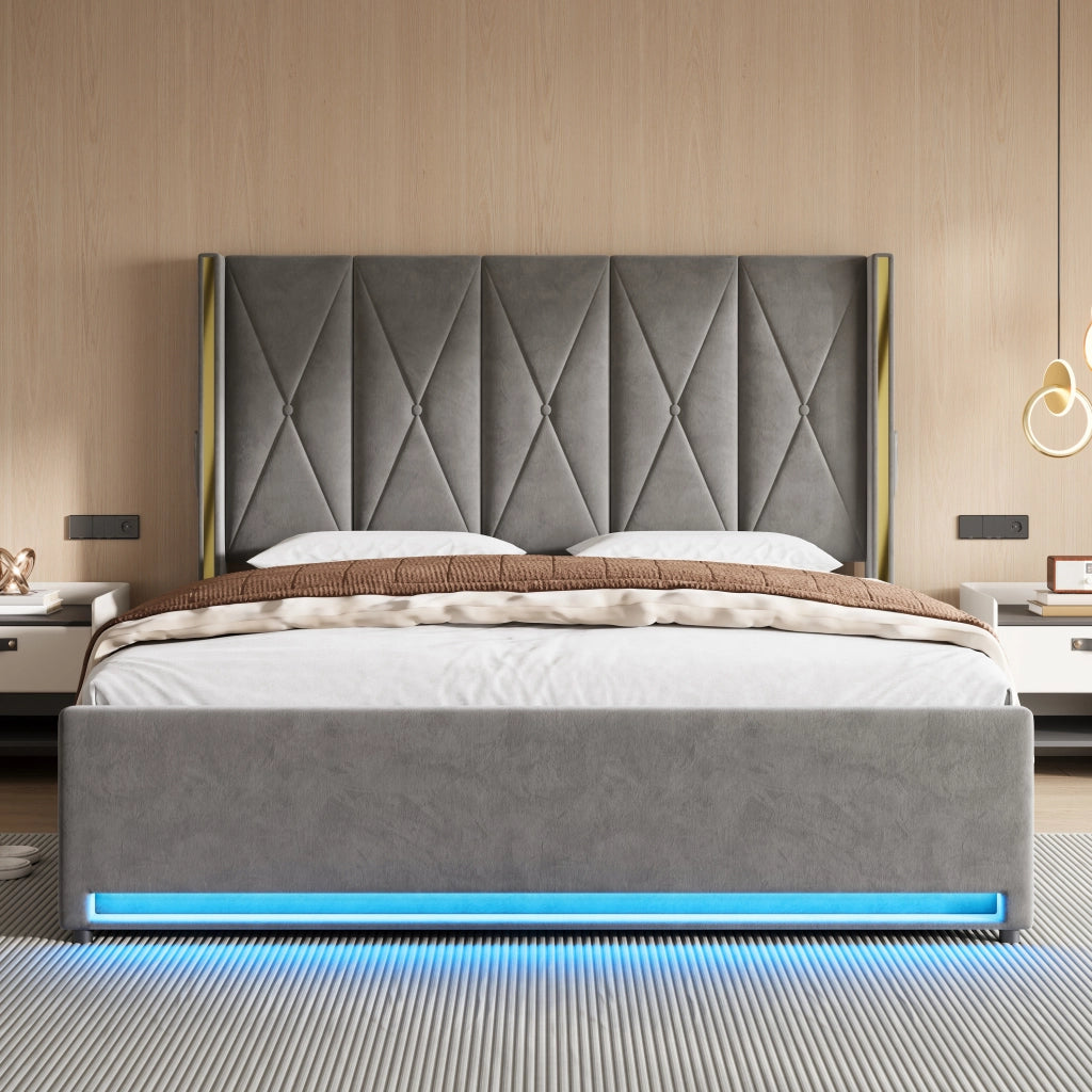 Letto contenitore 180 × 200 cm con testiera alta, USB e Type-C, LED regolabile, senza materasso, in velluto, grigio