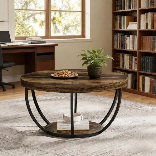 Tavolino basso rotondo a 2 livelli con piano in legno e base in metallo, stile rustico, per soggiorno e ufficio