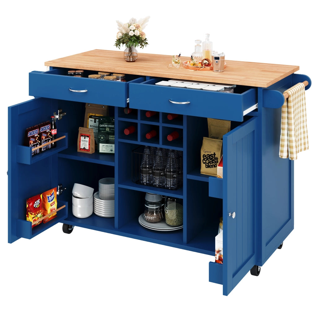 Carrello da Cucina con Ripiani Regolabili; Portabottiglie e Ruote con Freno; in MDF e Metallo; Blu; 102x45x92 cm