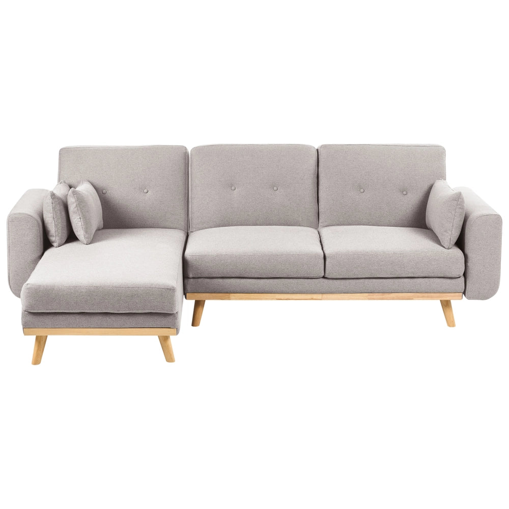 Divano Angolare ad Angolo Destro Grigio in Tessuto Imbottito a L con Seduta Trapuntata Cuscini Decorativi e Funzione Letto