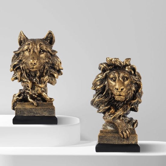 Statua di Leone e Lupo in Resina per Decorazione di Casa, 2 Pezzi