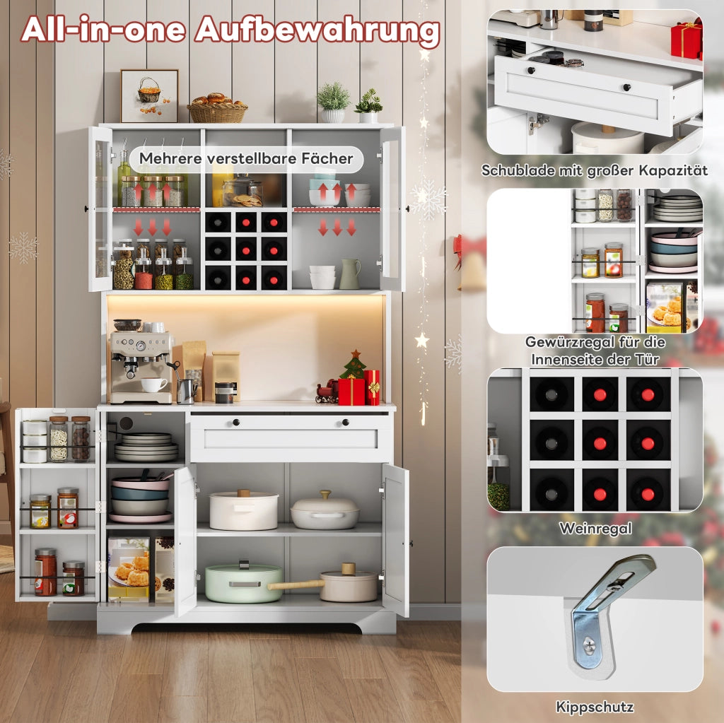 Credenza buffet con illuminazione LED RGB; prese USB e AC; 180 x 105 x 40 cm; bianco; in MDF