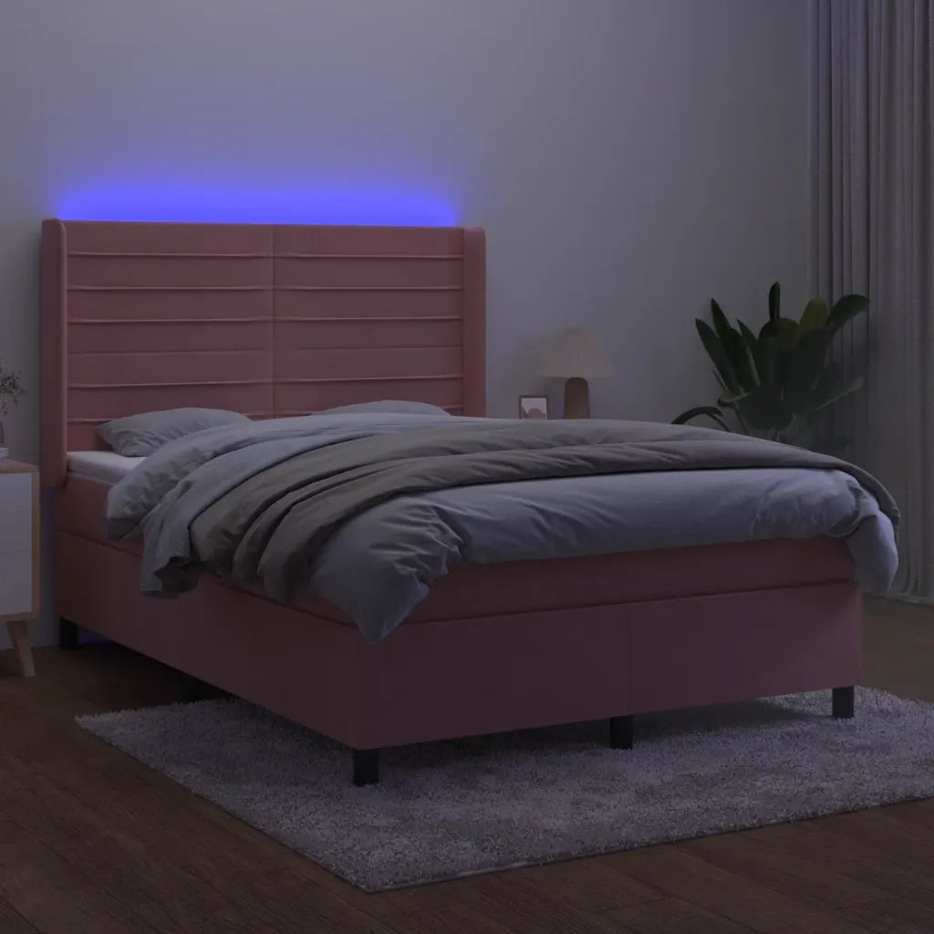 Letto a Molle con Materasso e LED Rosa 140x200 cm in Velluto