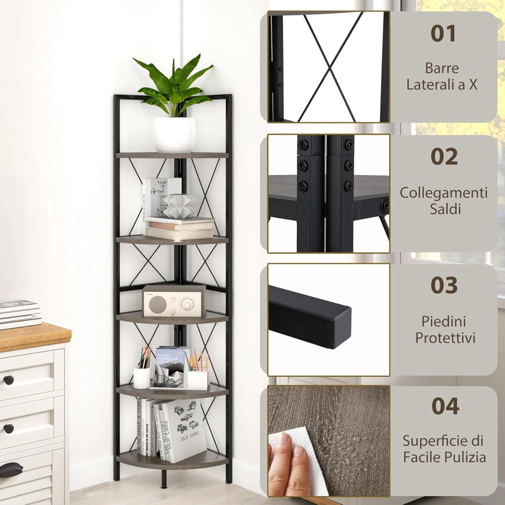 Scaffale Angolare, Libreria Industriale a 5 Ripiani con Struttura in Metallo, Libreria a Scale per Soggiorno Ufficio Cucina Spazi Piccoli, 35x35x160 cm (Grigio Rovere)