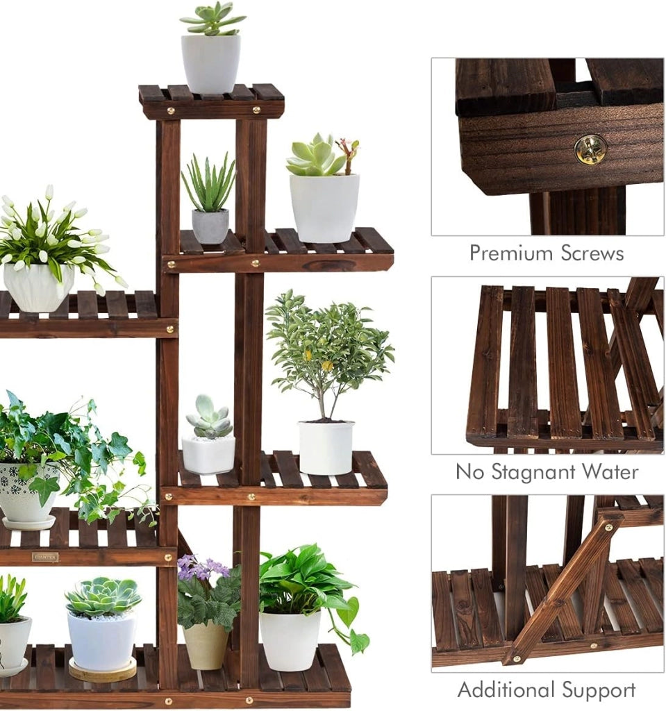Scaffale Portapiante, Supporto per Fiori a 9 Ripiani in Legno, Spazioso Multifunzionale per Piante Libri e Decorazioni, per Esterno e Interno, Come Giardino/Balcone/Salotto (113x25x114cm)