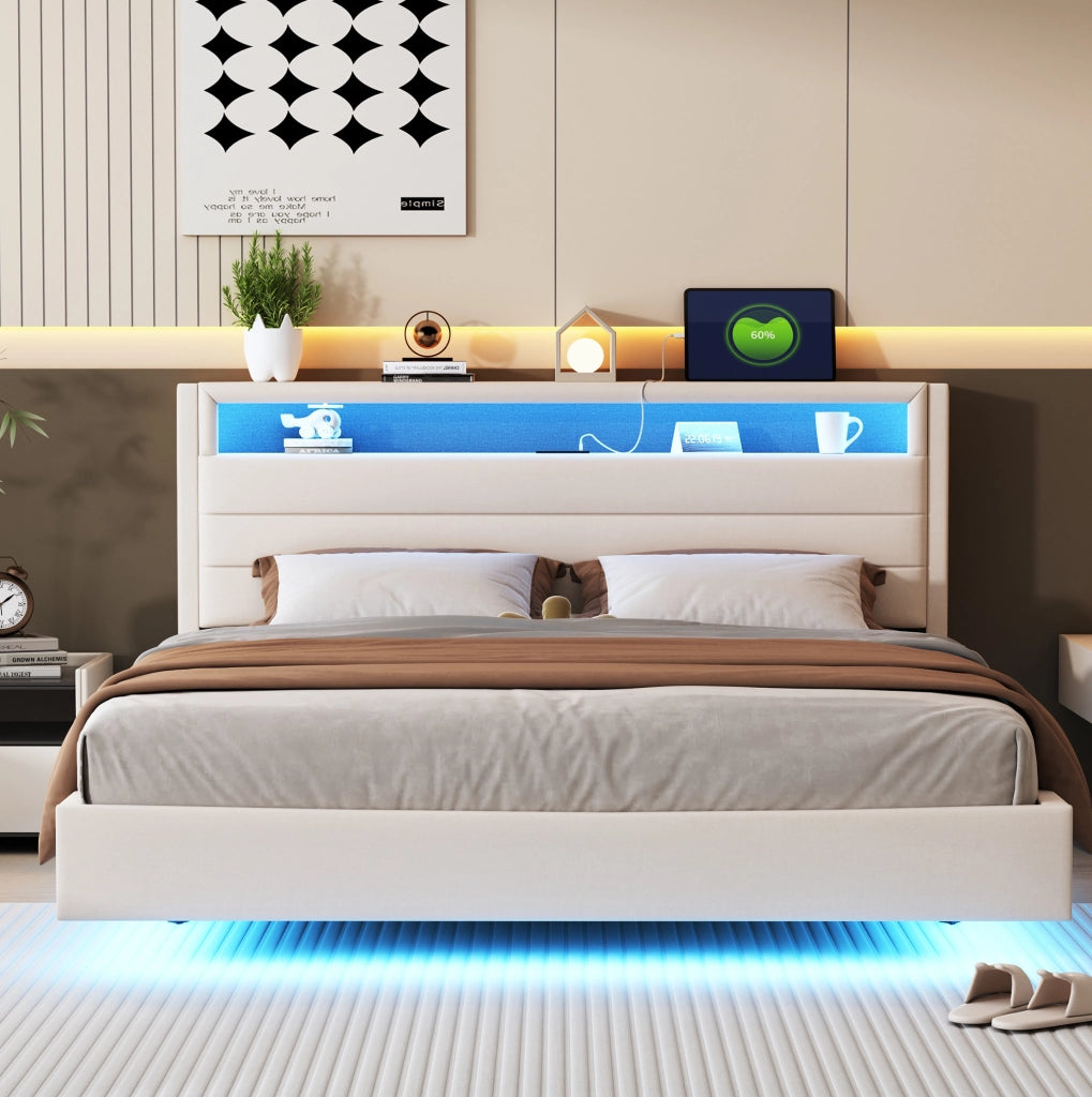 Letto imbottito 160x200 cm con LED, USB e testiera contenitore beige