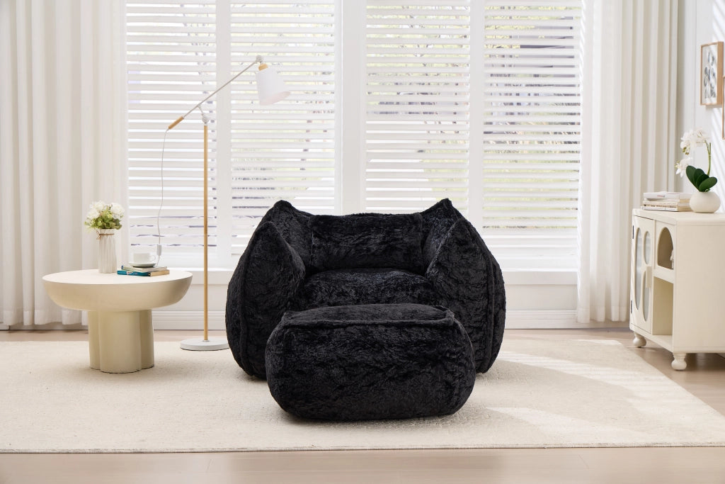 Pouf poltrona in pelliccia sintetica con poggiapiedi, schienale ergonomico e imbottitura in schiuma, nero