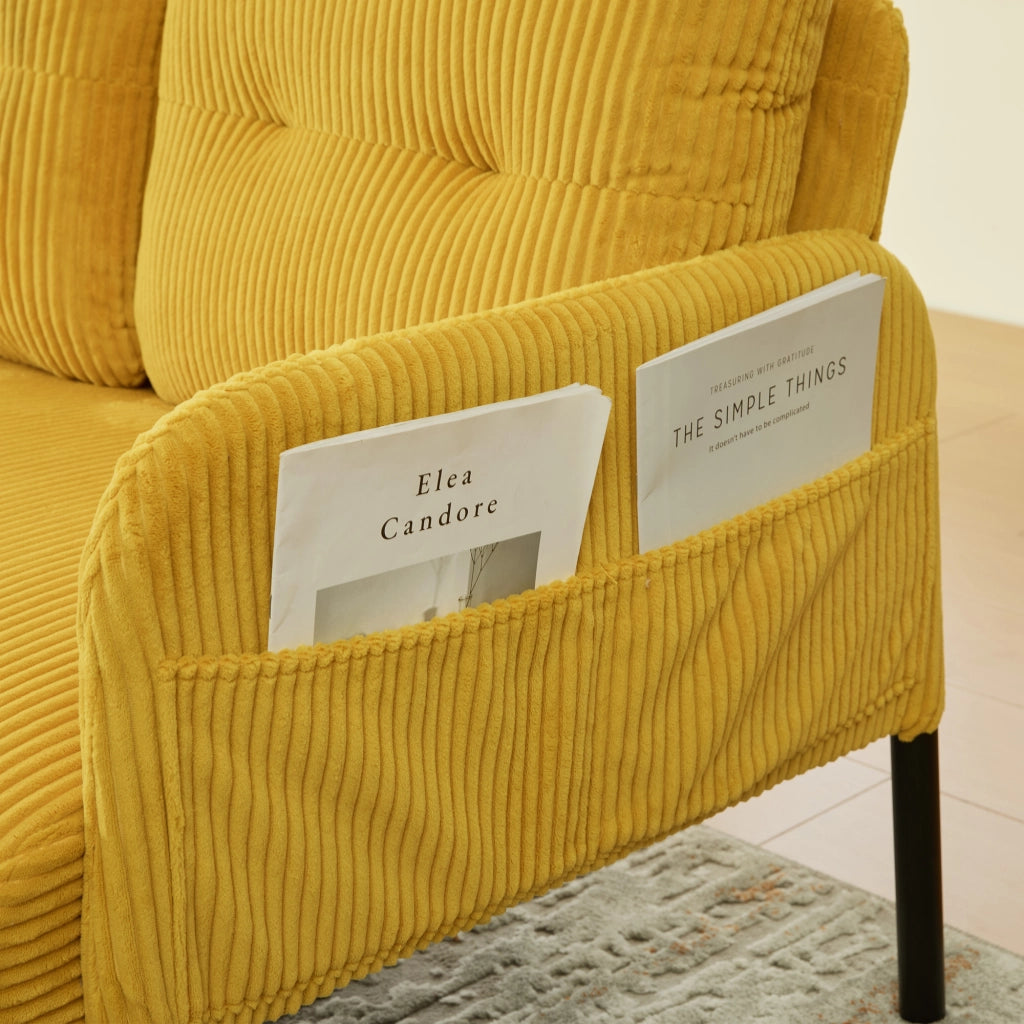 Divano Dritto 3 Posti con Tasca Laterale in Velluto Cotelé Giallo 171 × 72 × 80 cm