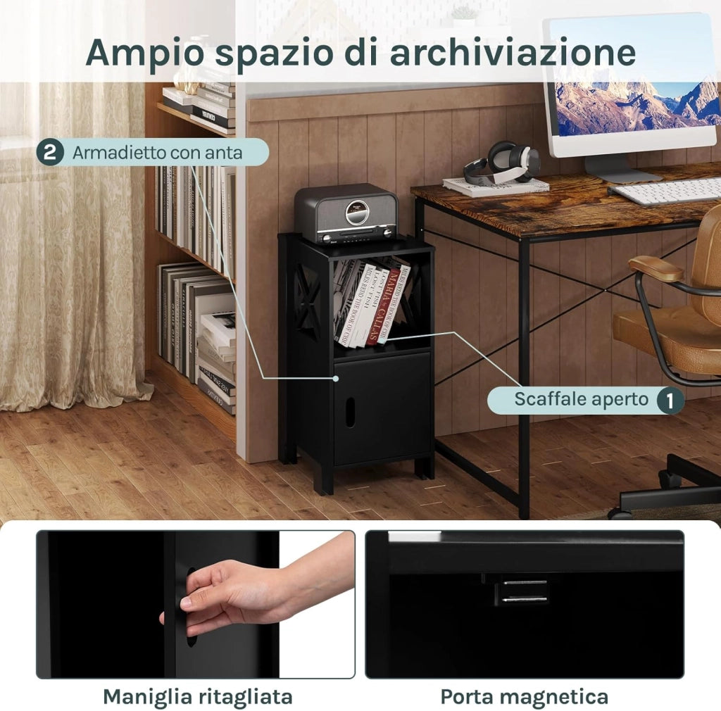 Comodino per Camera da Letto Stretto, Set di 2, Tavolino da Salotto, Nero, Piccolo, con 1 Vano Aperto e 1 Vano Nascosto, per Cameretta e Soggiorno, MDF, 30x30x60cm