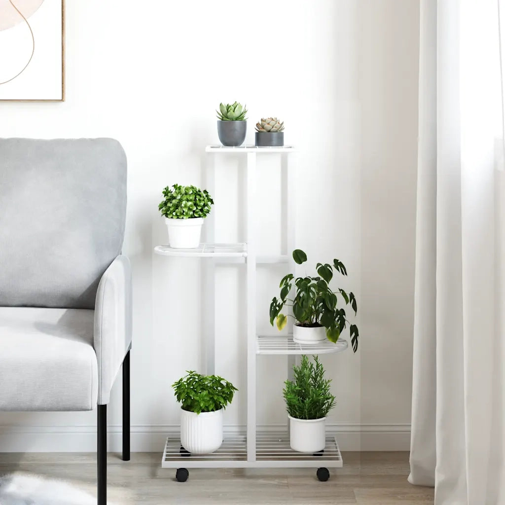 Fioriera | Cassetta per fiori | Vaso a 4 Piani con Ruote 44x23x80 cm Ferro Bianco