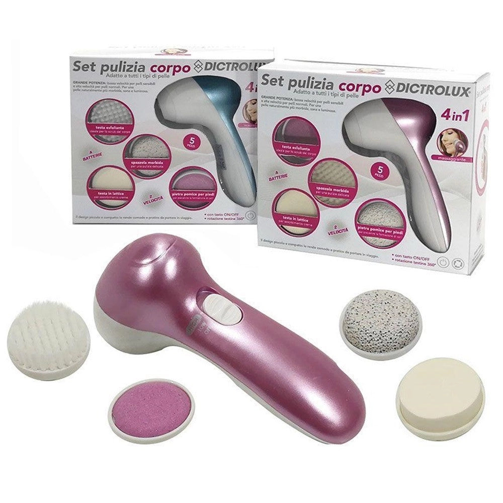 Trade Shop - Set Pulizia 4in1 Per Corpo Viso 5pz Elettrico 4 Testine 2 Velocità Regolabili A Batterie -