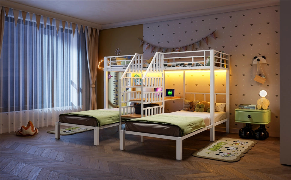 DESMIU Letto a castello 3 posti 90 × 200 cm con LED, USB, presa, scrivania e ripiani, senza materasso