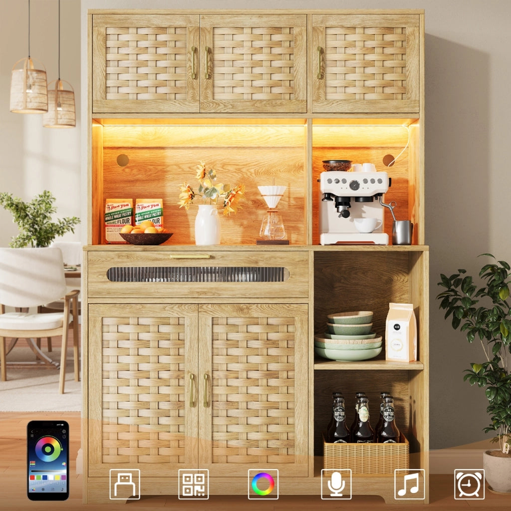 Credenza Alta da Cucina con Ante in Vetro e Ripiani Regolabili con LED per Cucina in MDF 120x40x180 cm Naturale