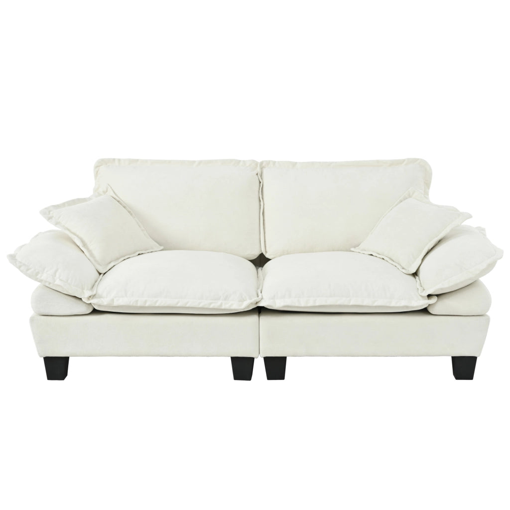 Divano 2 posti in chenille beige con braccioli curvi, design ispirato a barca a vela, ideale per spazi compatti