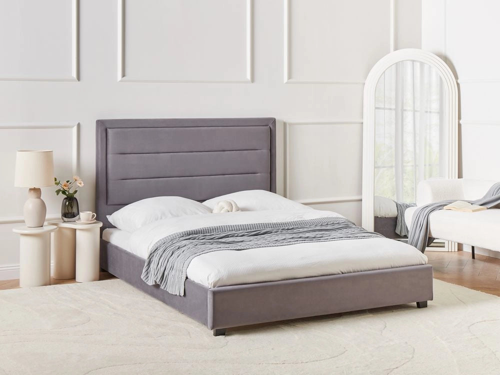 Letto matrimoniale in velluto grigio scuro 140 x 200 cm con testiera imbottita stile moderno