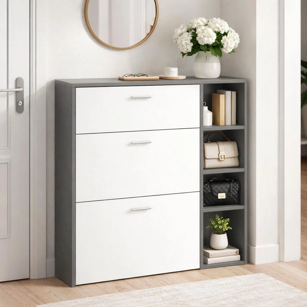 Mobile Portascarpe Scarpiera Salvaspazio Con 2 Ribalte Doppia Profondità 1 Cassetto E 3 Vani A Giorno Design Moderno Per Ingresso Corridoio Sala 90 X 101.5 X 26 Cm Bianco E Grafite