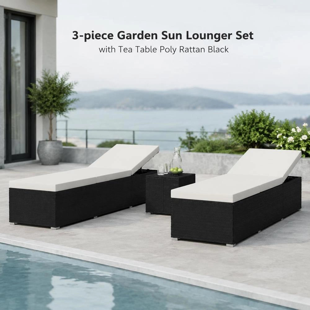 3-piece Garden Sun Loungers With Tea Table, Poly Rattan, Black