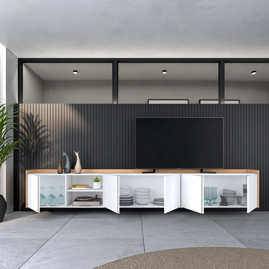 Mobile TV Soggiorno, 309x50x35 cm, Per TV fino a 80", Sospeso, da appendere, Bianco e Rovere soft