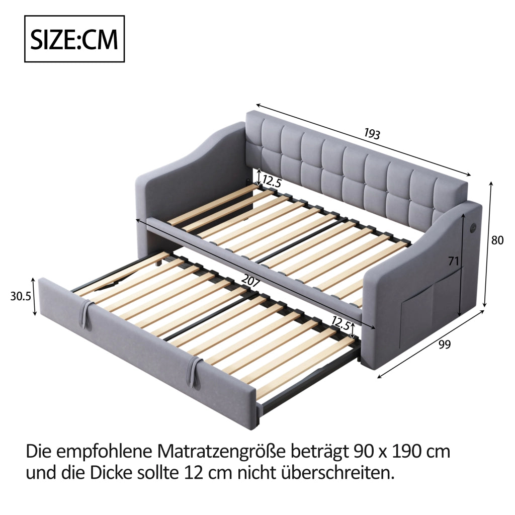 DESMIU Divano Letto 90 × 190 cm 1 posto con USB e vano portaoggetti, senza materasso, in velluto grigio