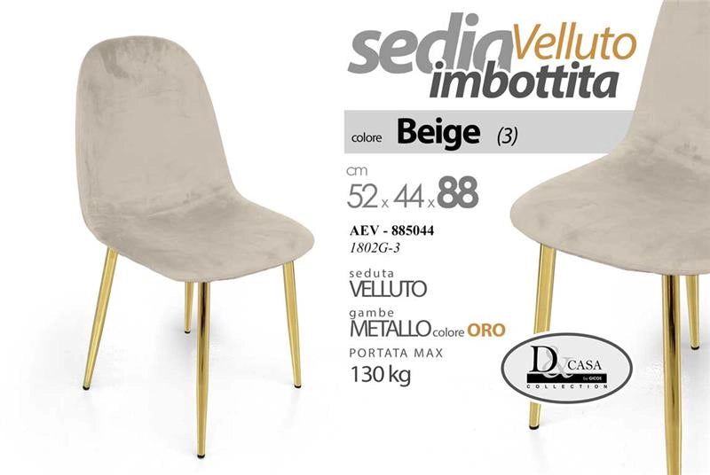 SET 4 SEDIE IN VELLUTO IMBOTTITE CON GAMBE ORO COLORE BEIGE 52 X 44 X 88H CM