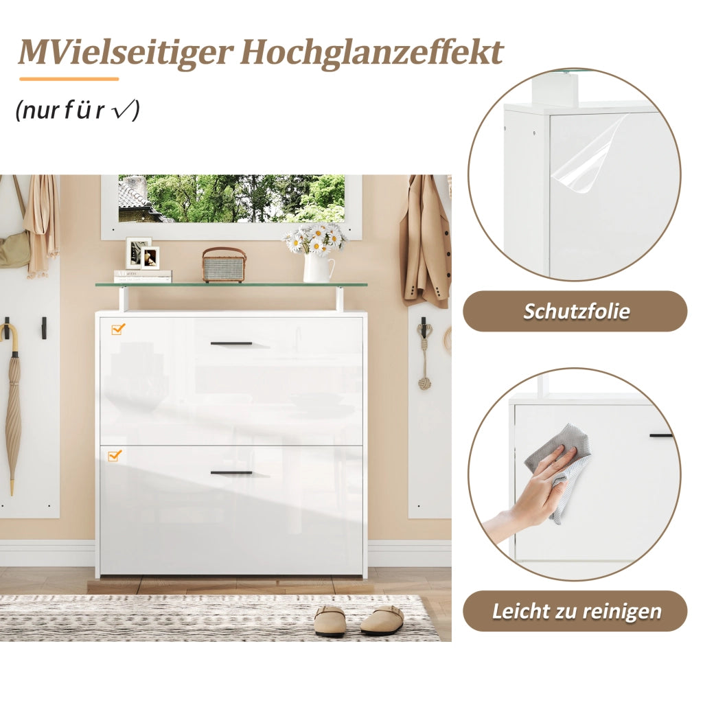 Mobili da ingresso con specchio e scarpiera a 2 ripiani ribaltabili con 8 ganci, bianco, per ingresso, 89,5 × 23 × 96,5 cm