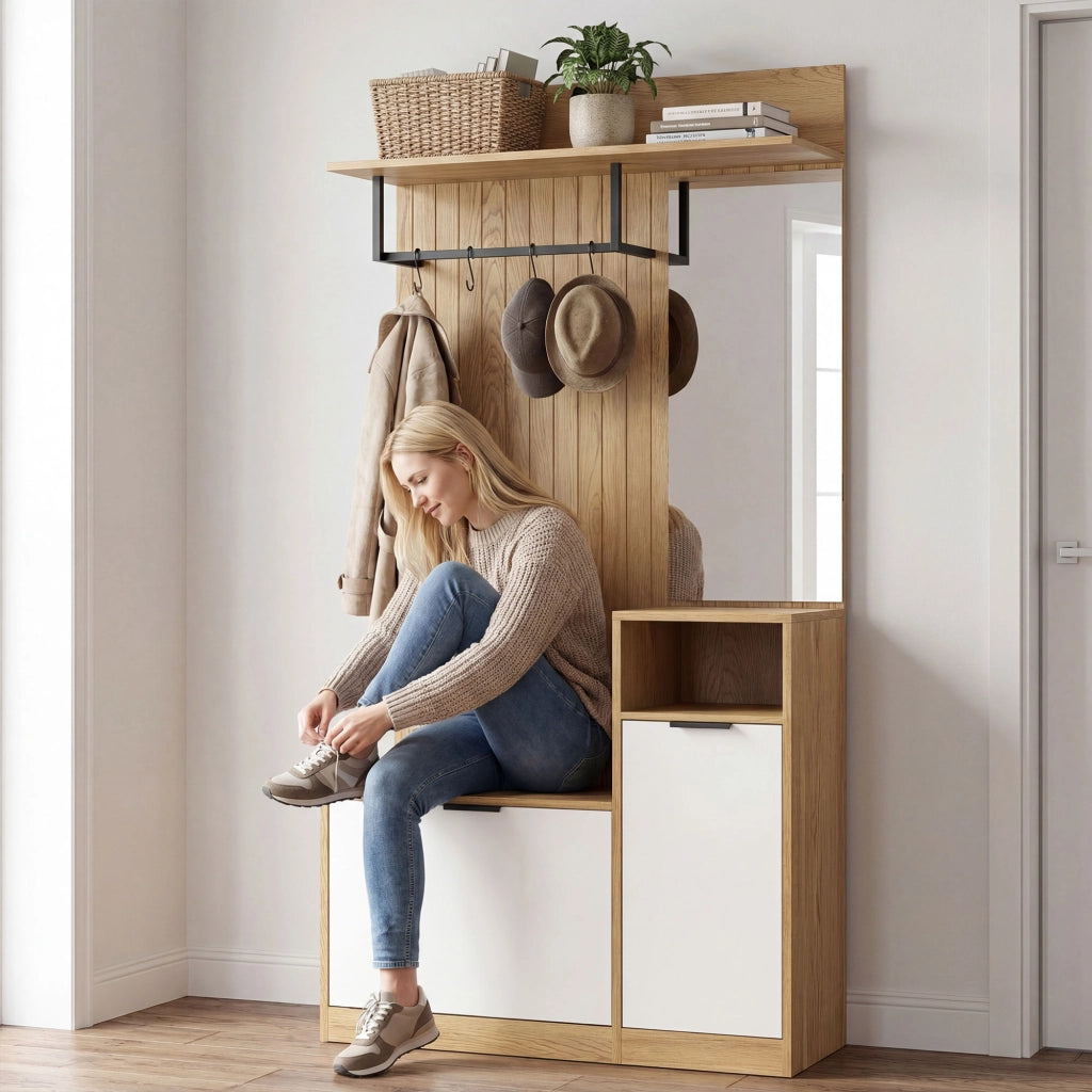 Appendiabiti con Panca, Scarpiera e Armadietto ¨C zephmum ¨C Rovere Bianco
