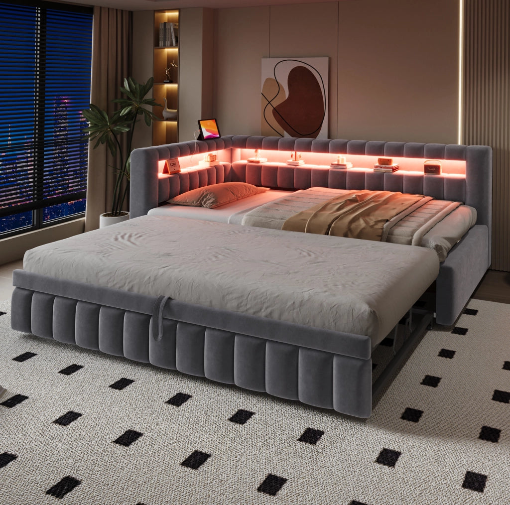 Divano letto estraibile 90x200 cm con LED, USB e vano portaoggetti