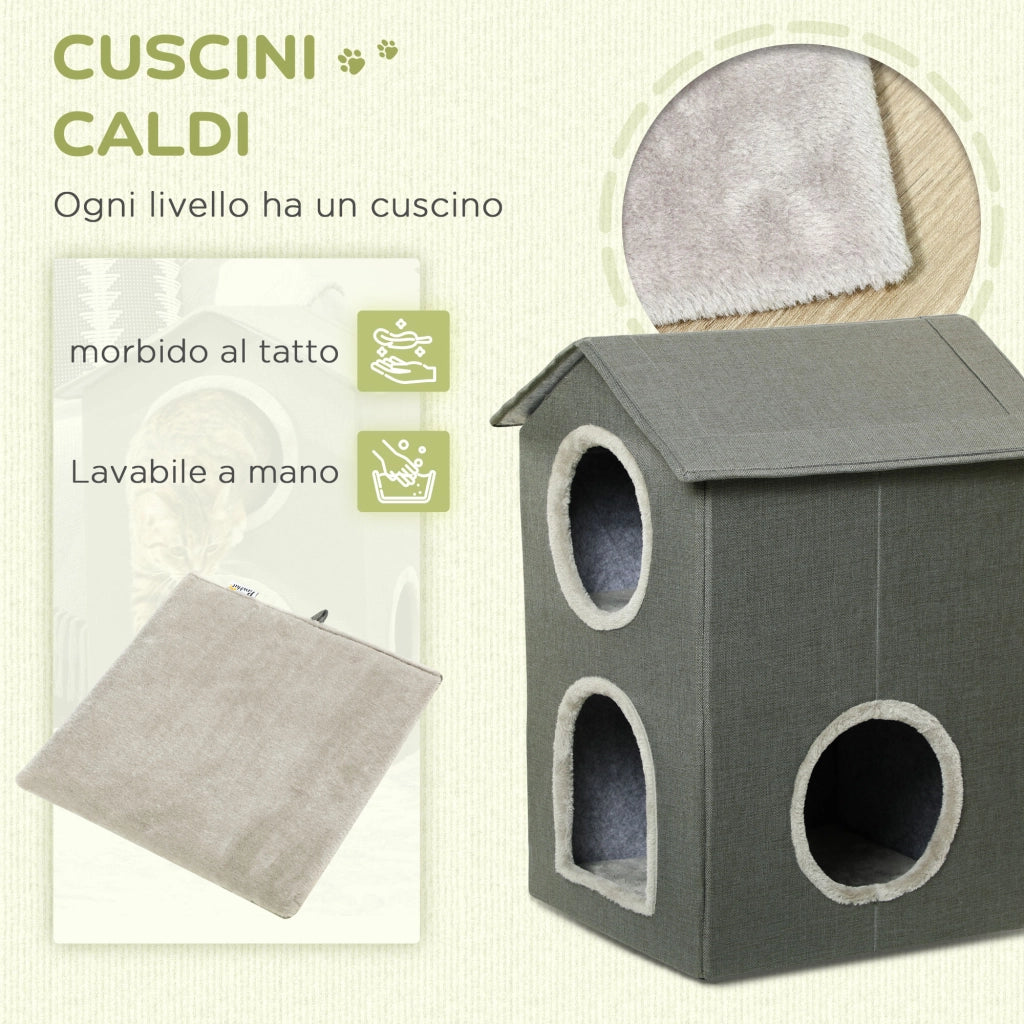 EasyComfort Casetta per Gatti a Due Livelli con Cuscini Lavabili 3 entrate, 42x46x59.5 cm, Grigio