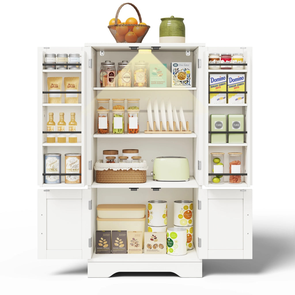 Mobile Dispensa 60x40x120 cm Bianco con LED Sensore; 4 Ante; Ripiani Regolabili e Portaoggetti