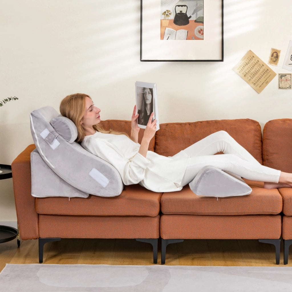 Cuscino a cuneo in memory foam per letto con 4 pezzi, Set di cuscini di sostegno regolabile con poggiatesta Grigio-Cuscini