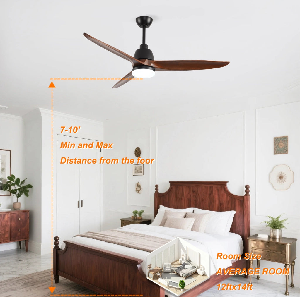 Ventilatore da soffitto 52" con luce LED, 3 pale in legno, nero e noce scuro