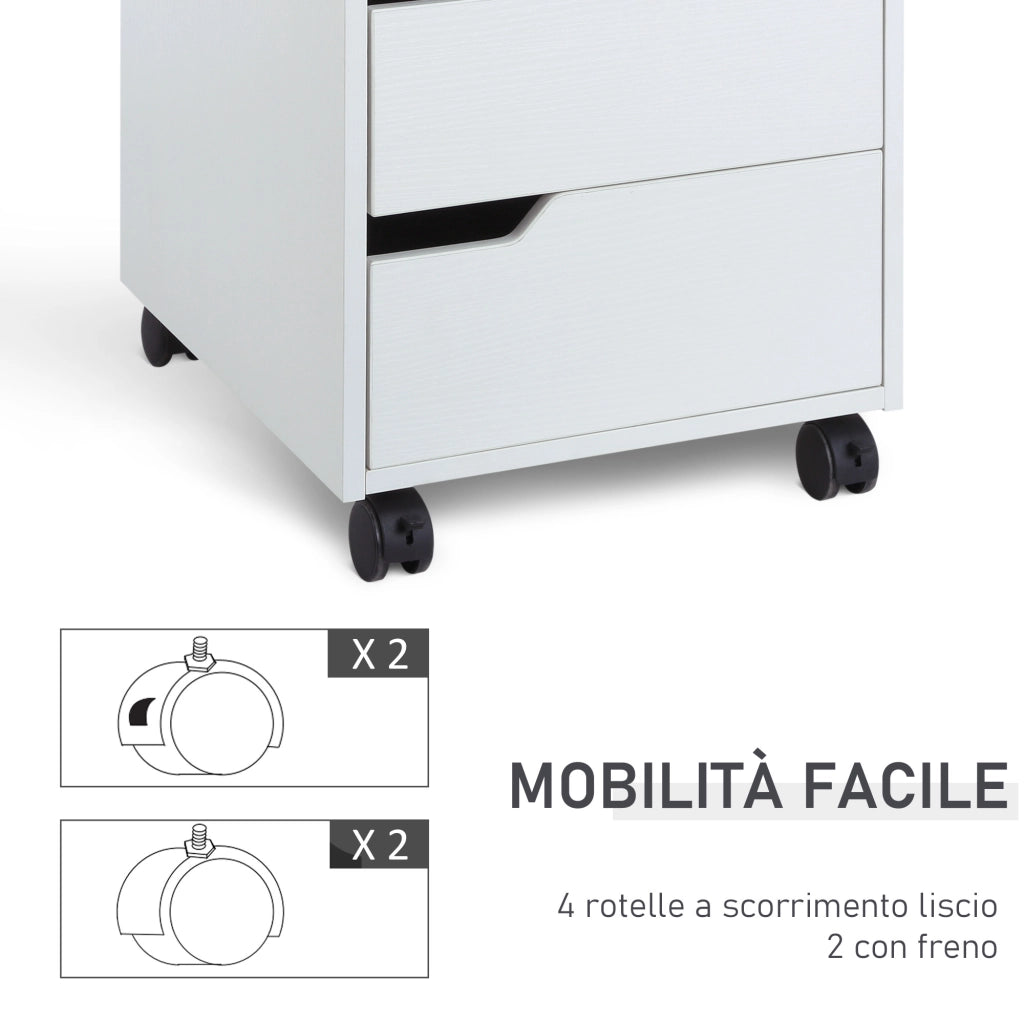 Cassettiera da Ufficio a 3 Cassetti con Maniglie a Scomparsa. in Legno e Metallo. 40x50x57.5 cm. Bianco