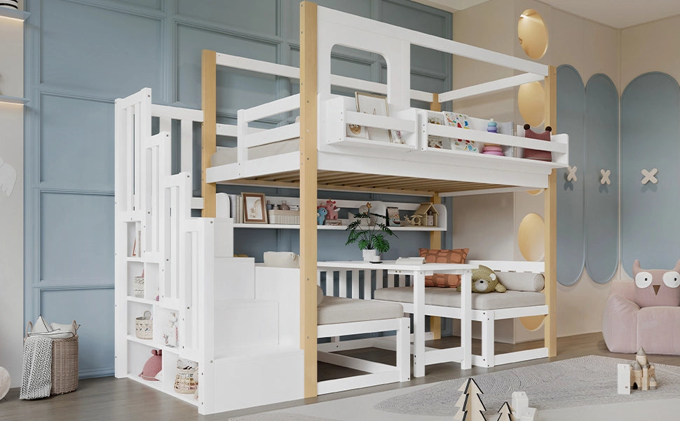 Letto a soppalco per bambini 90 × 200 cm con tavolo pieghevole, scala contenitore et sponde di sicurezza, senza materasso, bianco naturale