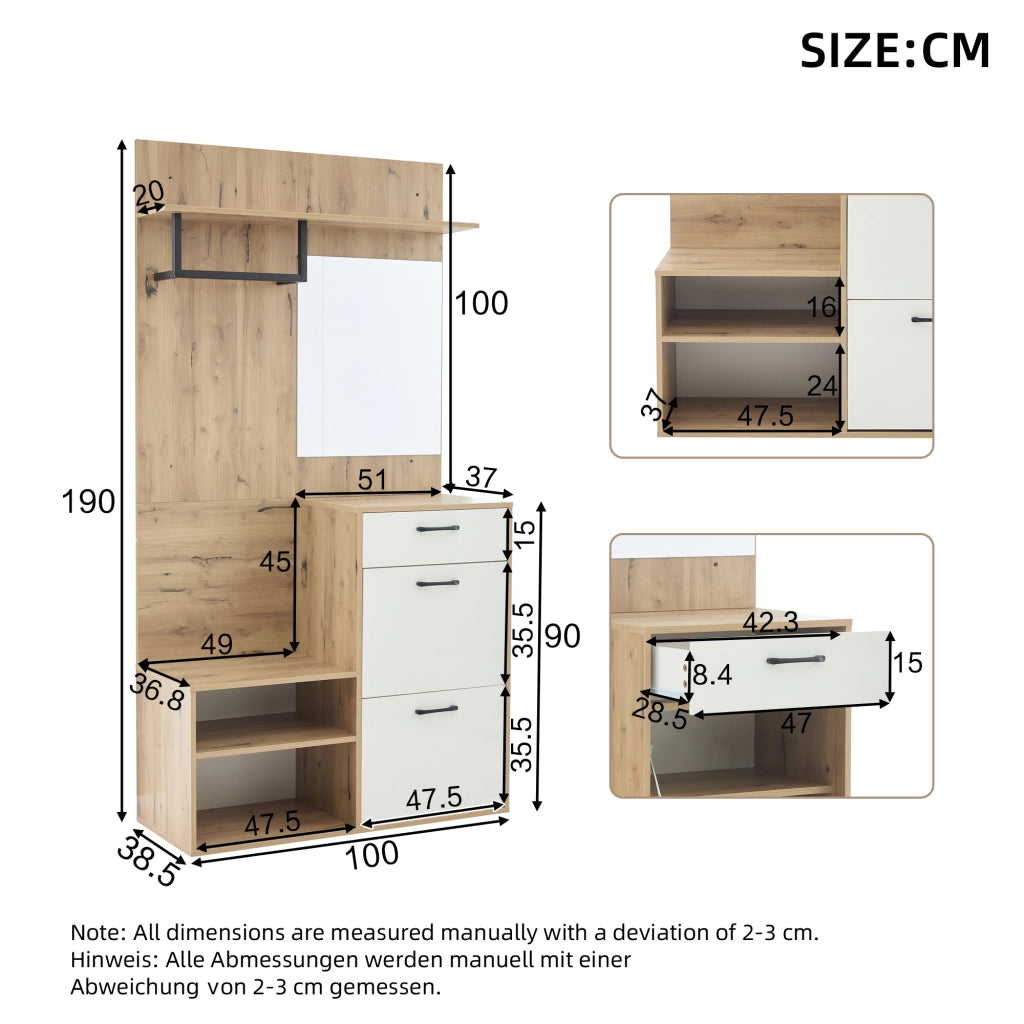 Set Ingresso con Specchio, Scarpiera, Panca e Appendiabiti ¨C MINIMAL ¨C Bianco/Legno, 100x38.5x190