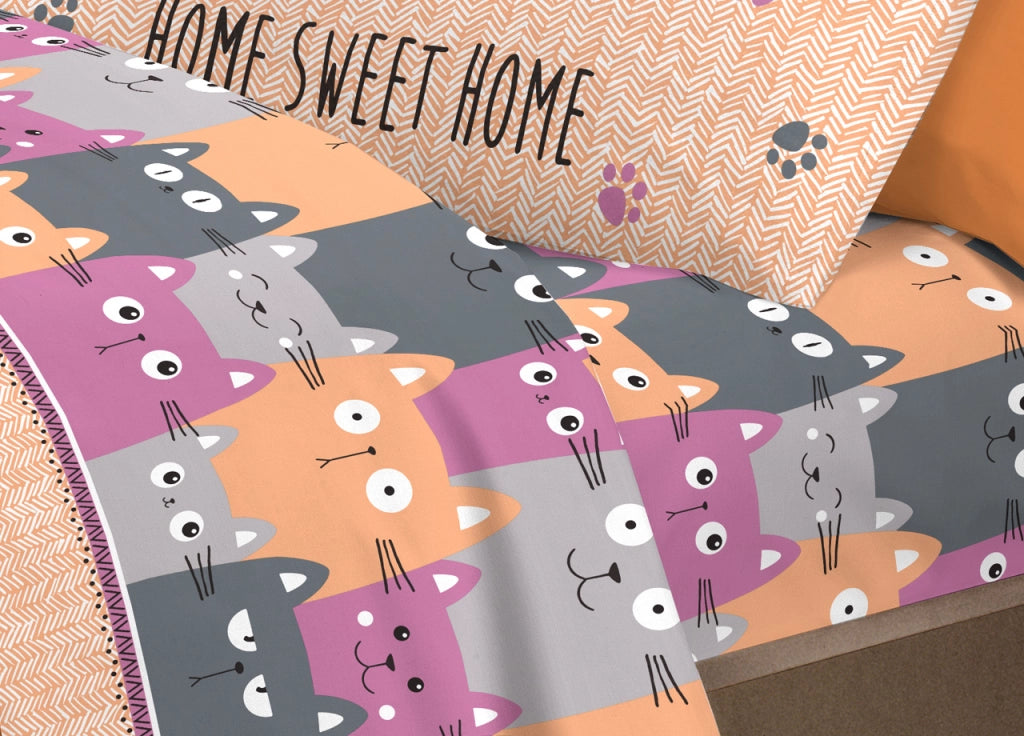 Completo Lenzuola Letto Pensieri Delicati 100% Cotone Disegno Happy Cat - Singolo - Arancio