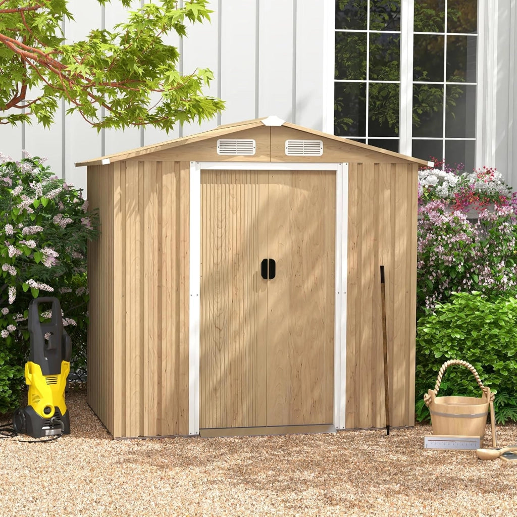 Casetta da Esterno 2,34㎡, Capanno Porta Attrezzi con Porte Scorrevoli, Maniglie, Sfoghi e Tettoia, Casetta da Giardino in Lamiera di Acciaio e Lamiera Zincata (196 x 142 x 186 cm)