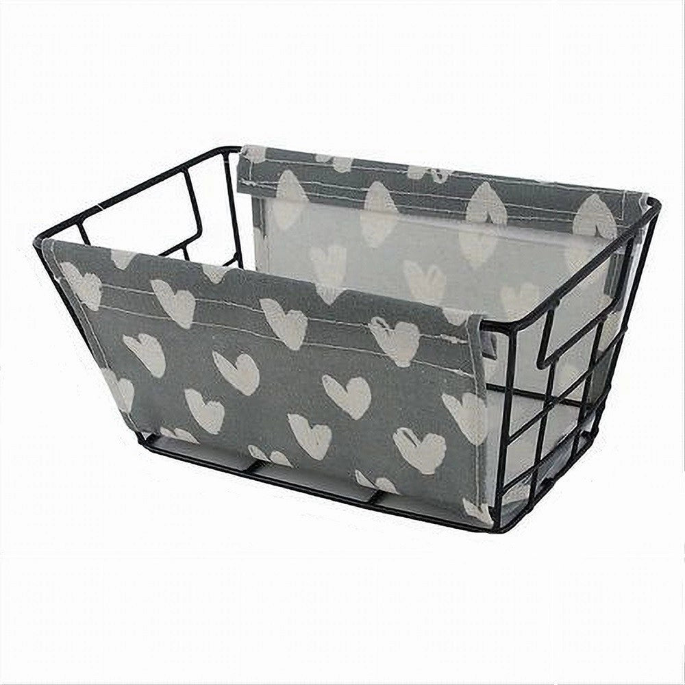 Trade Shop - Cesto Porta Oggetti In Ferro Tessuto Stampa A Cuori Con Manici 25x15x12 Cm 10615 -