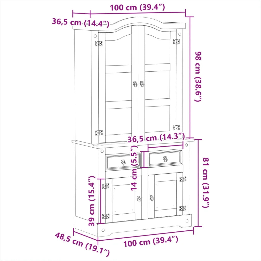 Vetrina Corona 100x48,5x179 cm in Legno Massello di Pino