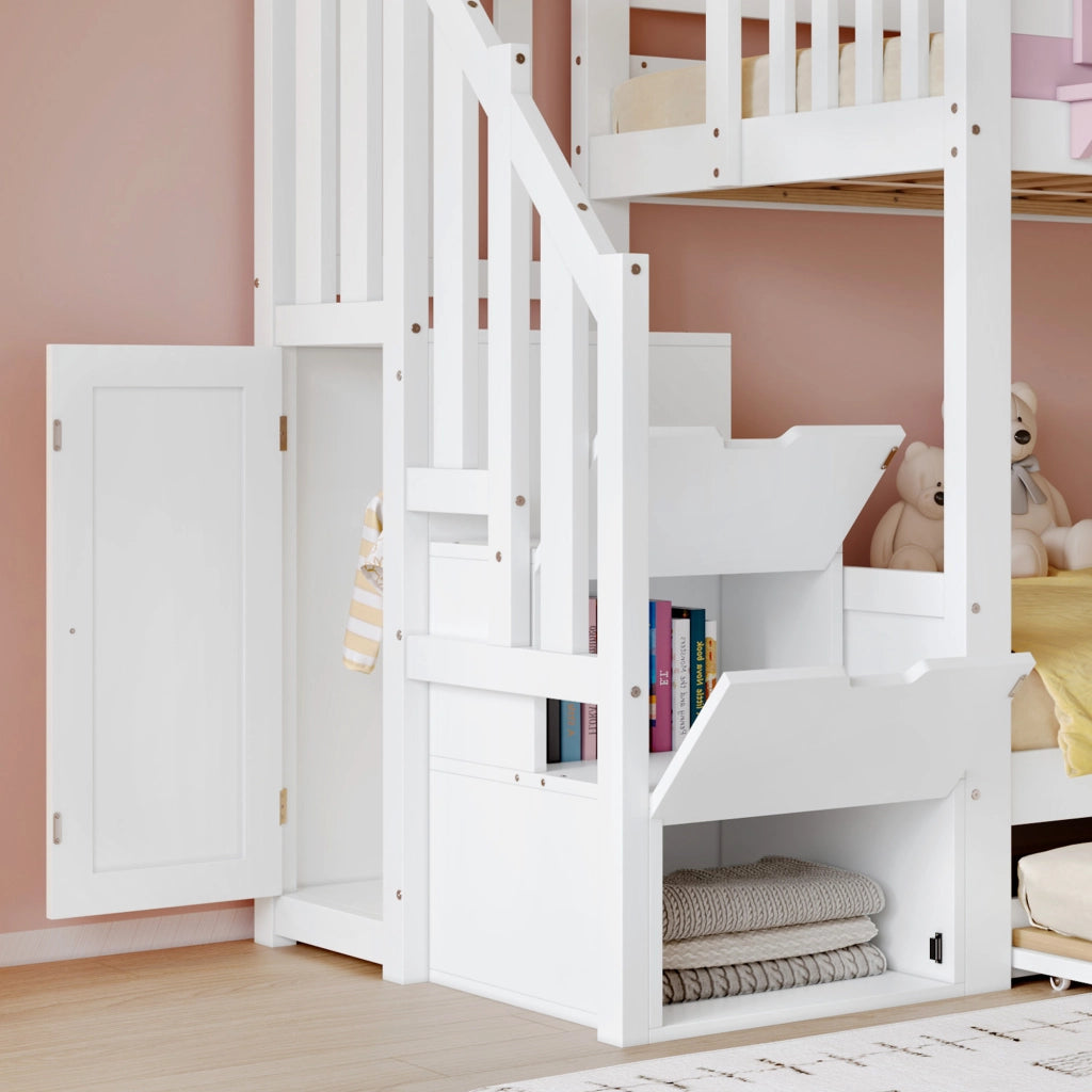 Letto a castello per bambini 90 × 200 cm con letto estraibile, scale contenitore e appendiabiti, senza materasso