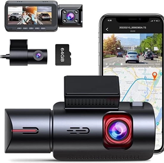 Triple Dashcam Auto con 360-Gradencamera - Risoluzione 2,5K + 2,5K + 1080P per Vista Anteriore, Interna e Posteriore, Registrazione Continua, Modalità Parcheggio, Visione Notturna, Sensore G e Tecnologia WDR