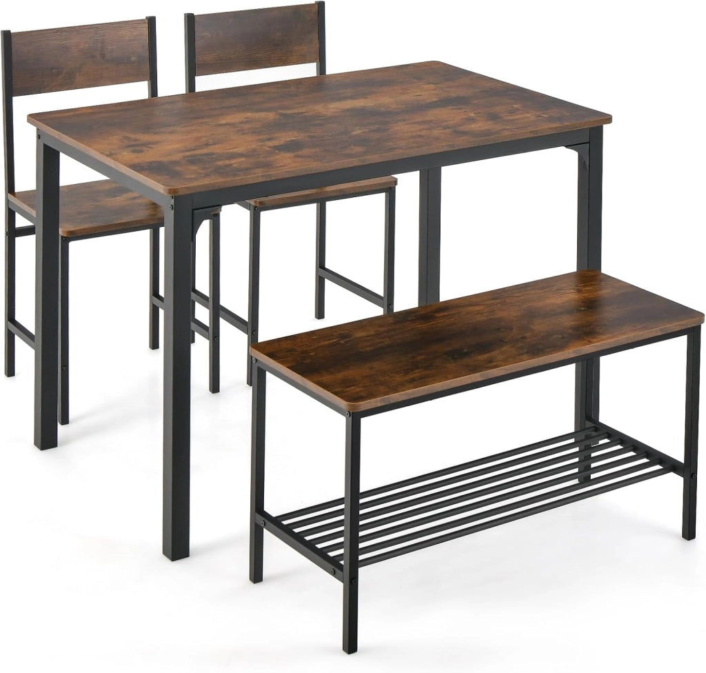 Set Tavolo e Sedie da Pranzo 4 Pezzi, Tavolo da Pranzo con 2 Sedie e 1 Panca, Set Mobili da Cucina Salvaspazio con 4 Posti, per Cucina, Sala da Pranzo, Soggiorno (Caffè)