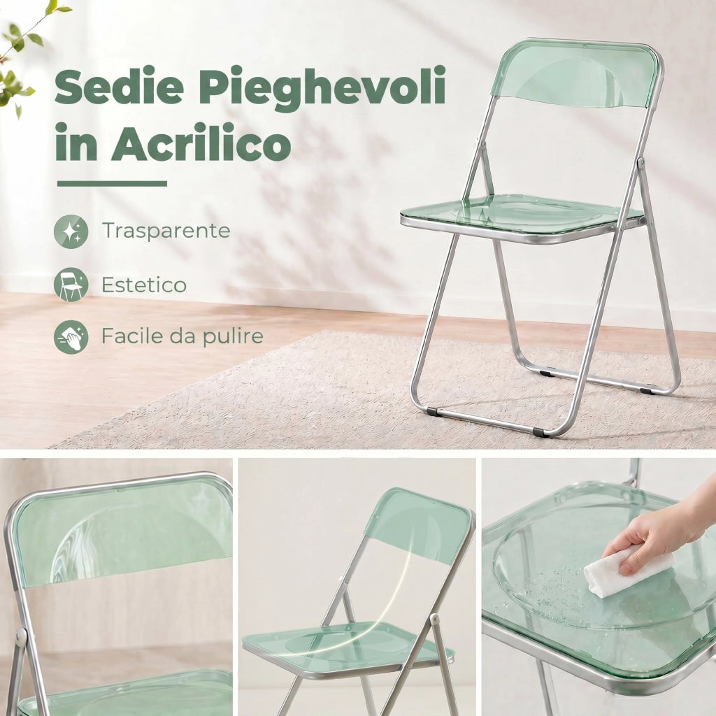 Set da 4 Sedie Pieghevoli in Acrilico Trasparenti. Verde