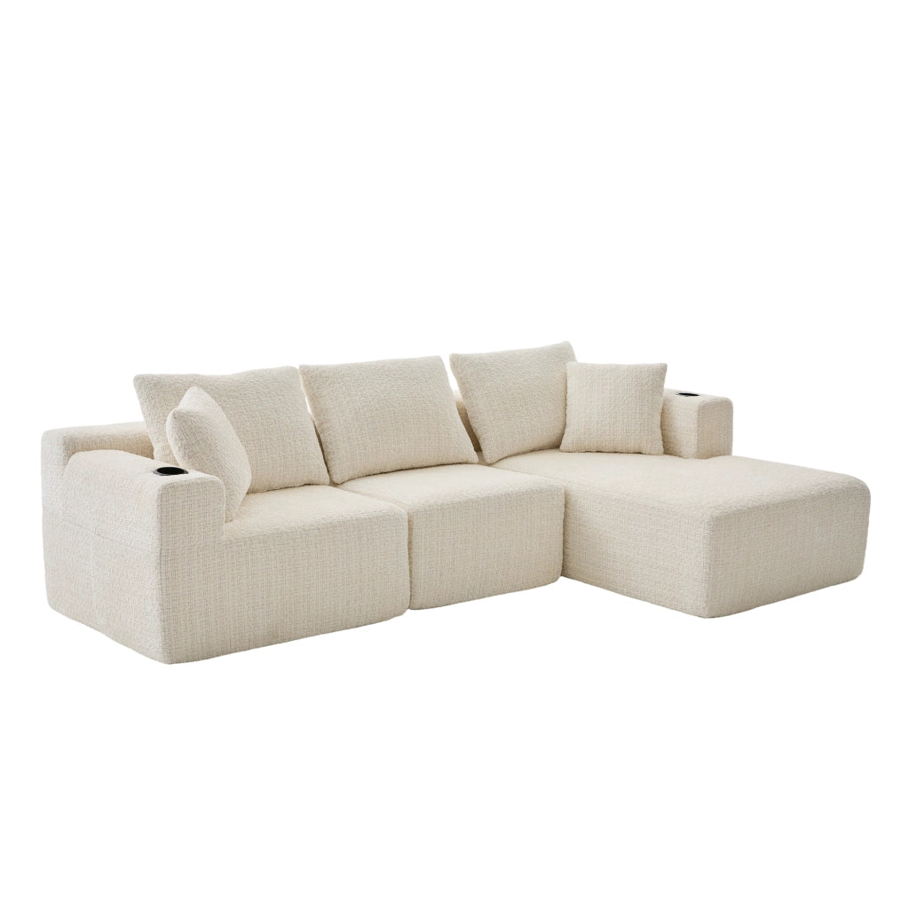 Divano componibile angolare a 3 posti in chenille beige con braccioli portaoggetti e tasche 261 × 165 × 80 cm
