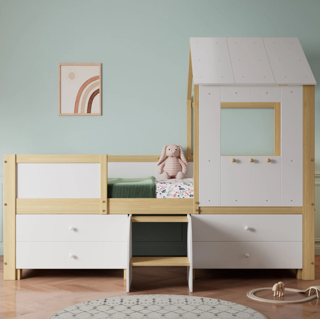 Letto a casetta semialto per bambini 90x200 cm bianco naturale