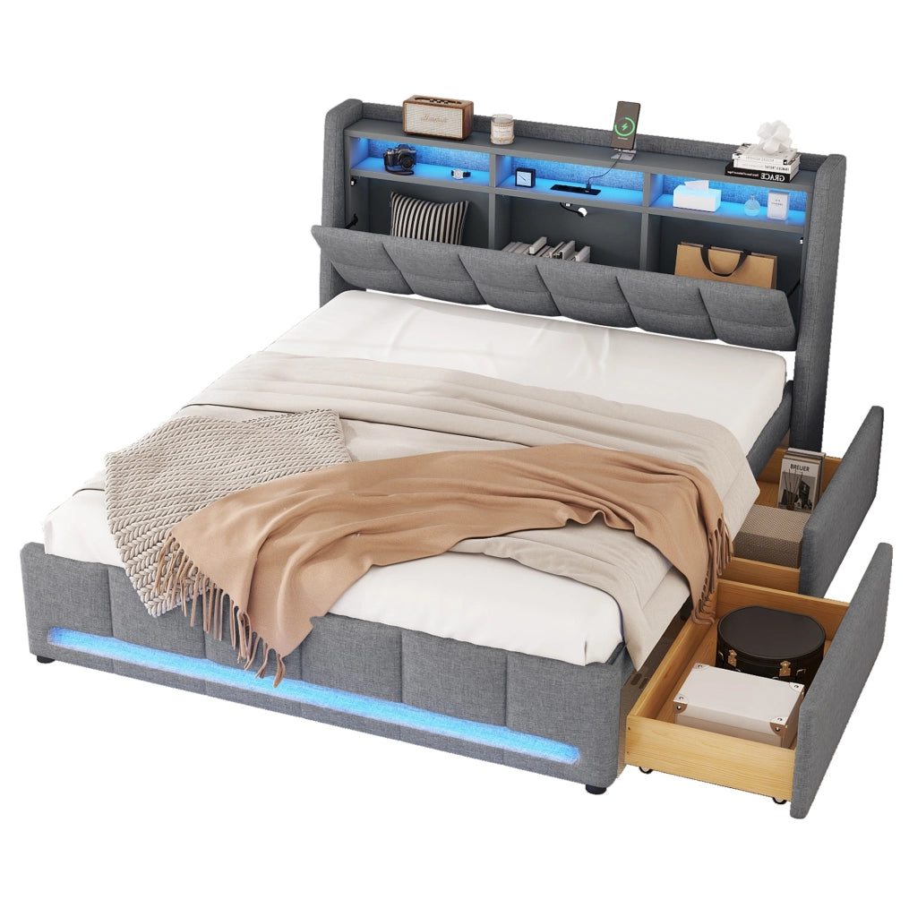 Letto imbottito 140x200 cm con LED, USB, vani e 2 cassetti grigio