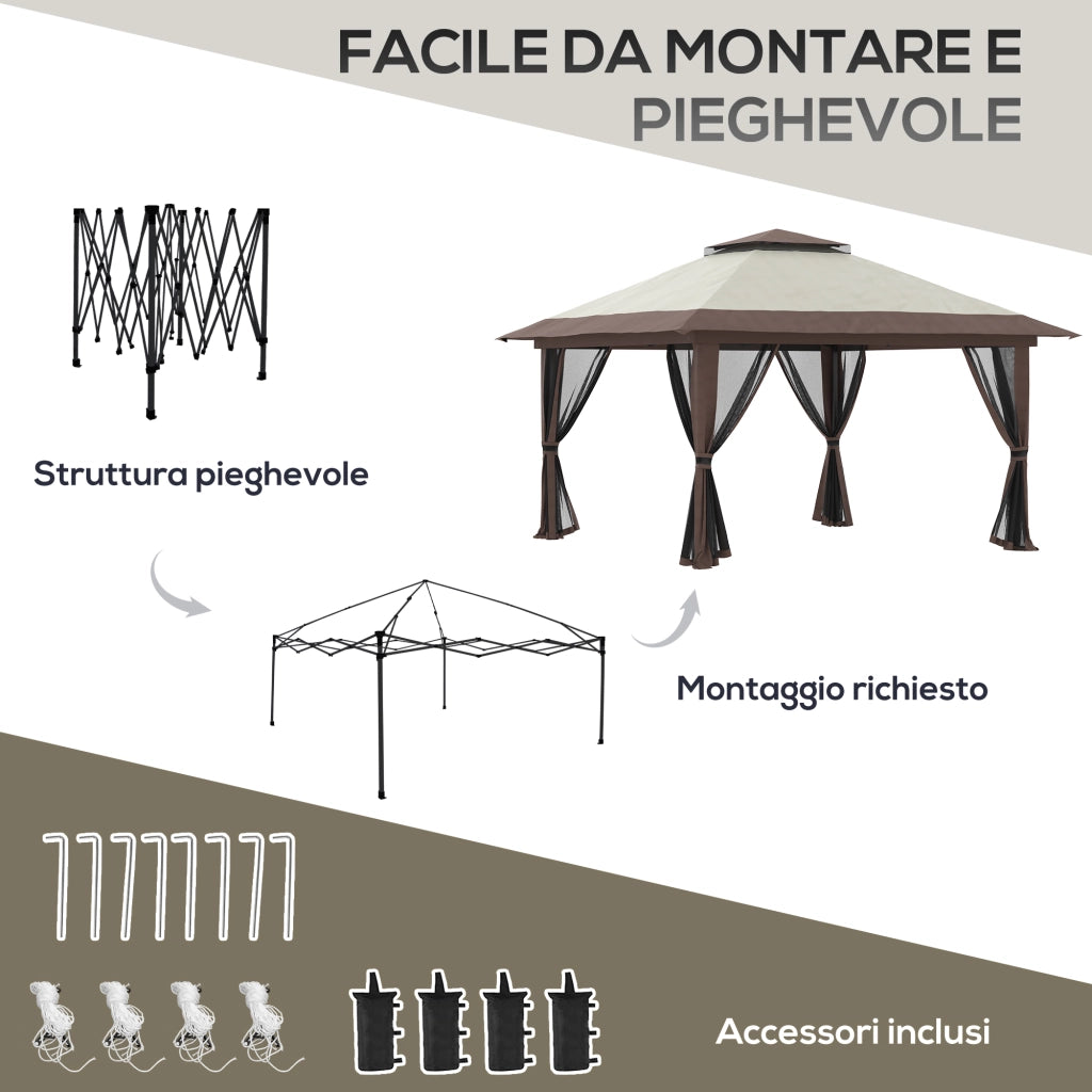 Gazebo Pieghevole 4x4 m ad Altezza Regolabile con Zanzariera e Borsa in Metallo e Tessuto Oxford Beige