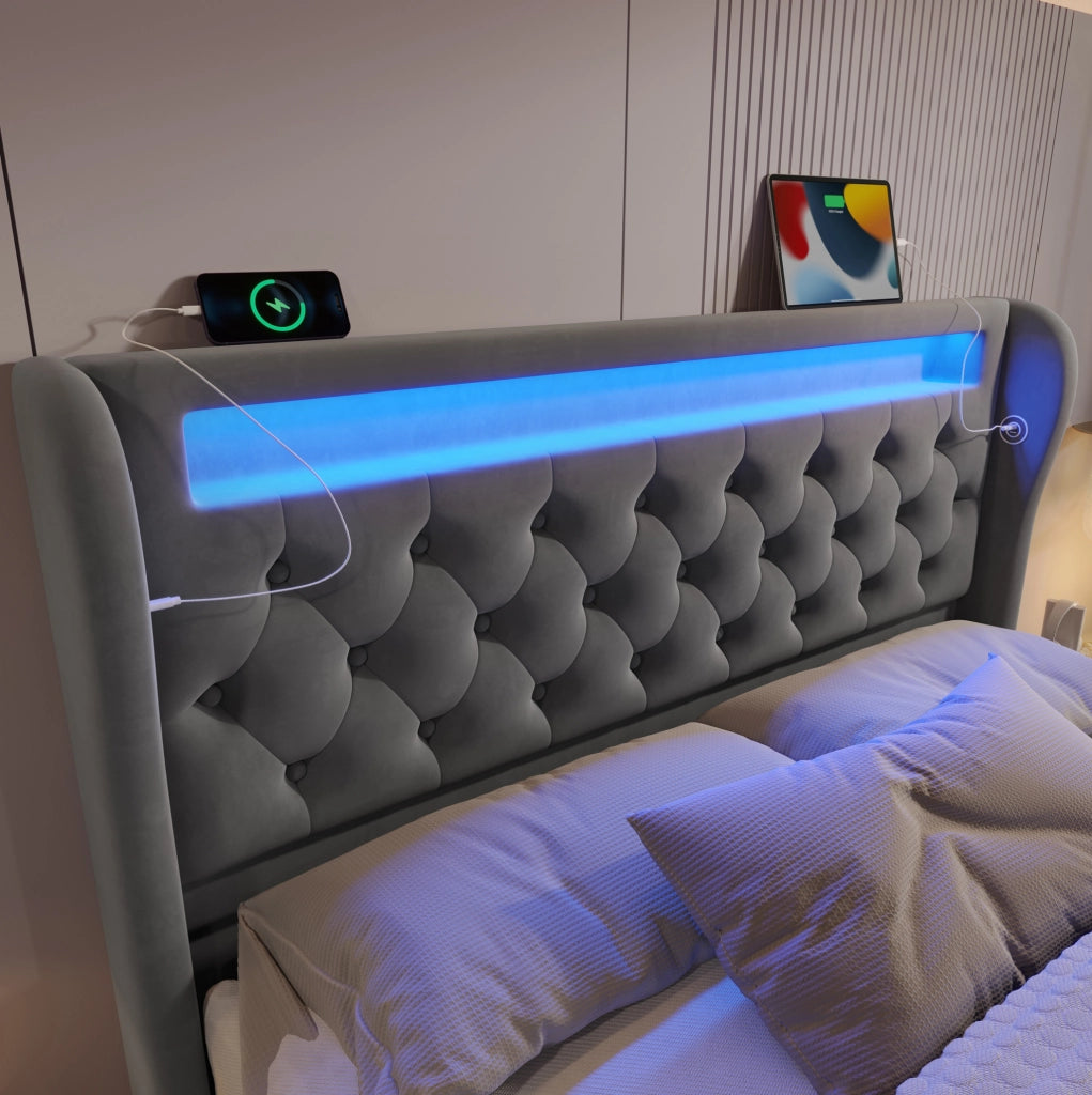 Letto matrimoniale 140x200 cm in velluto grigio con LED; contenitore; USB e Type C; con materasso