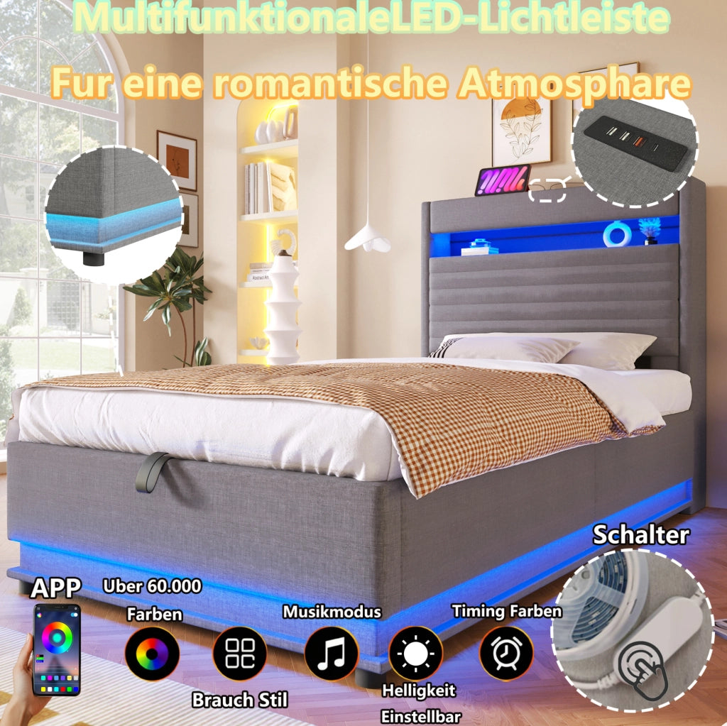 Letto imbottito 140x200 con LED, vano contenitore idraulico e porte USB/Type-C